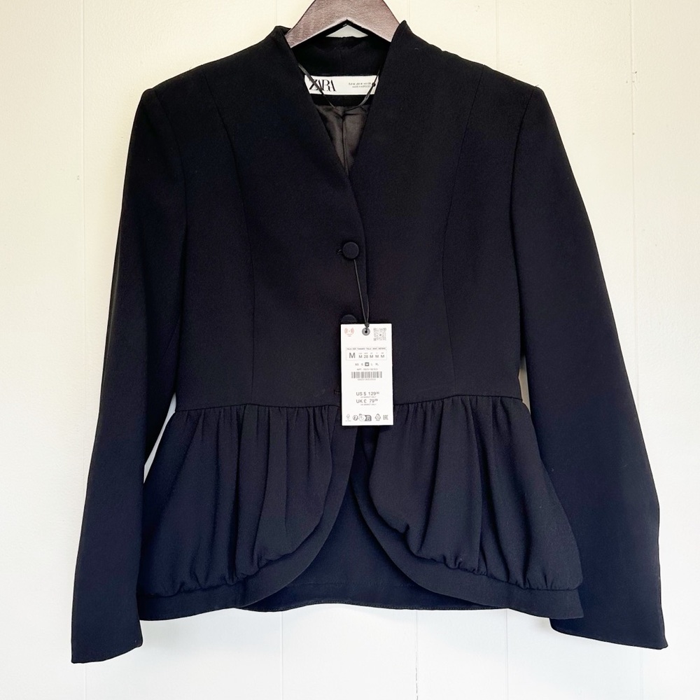 NWT ZARA Black Voluminous Cropped Peplum Blazer Medium NWT